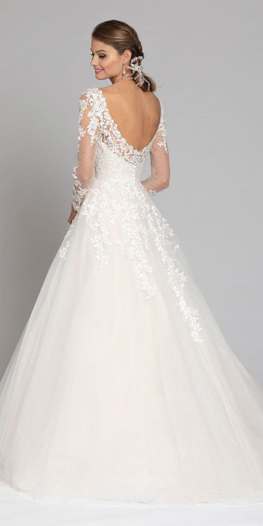 Long Sleeve Illusion Embroidered Tulle Ballgown