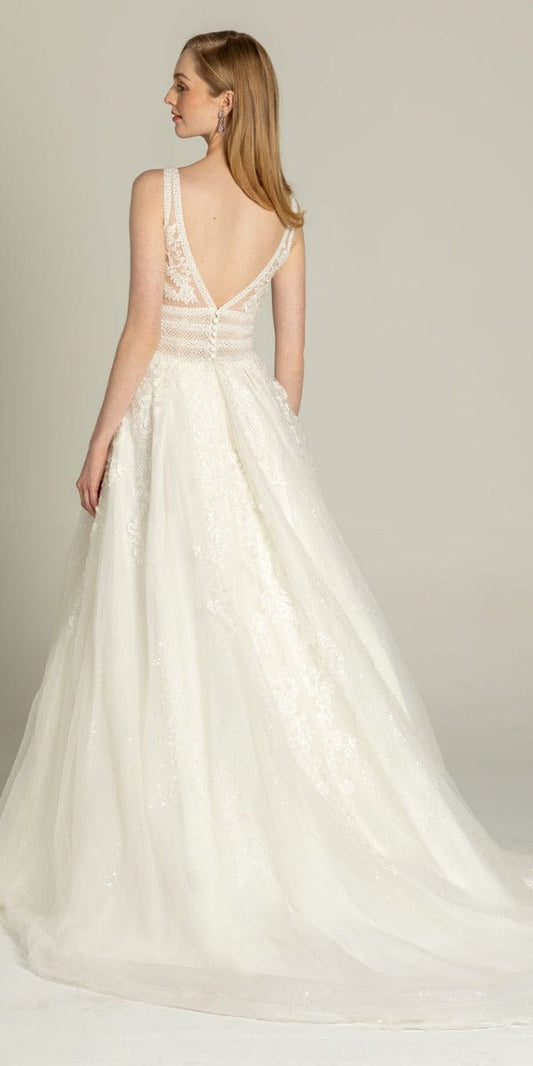 Glitter Embroidered Plunging Box Pleat Tulle Ballgown
