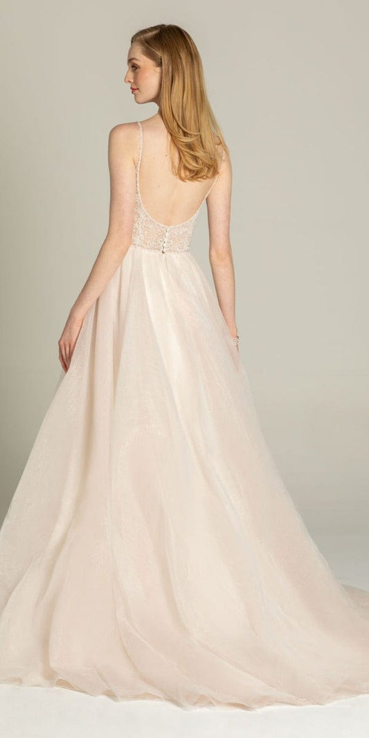 Deep Scoop Back Scroll Embellished Glitter Tulle Ballgown