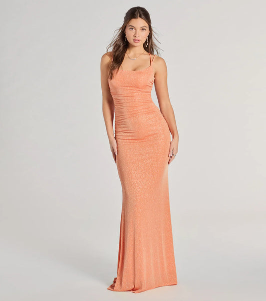 PLACEHOLDER - Rylie Formal Glitter Lace-Up Bodycon Long Dress