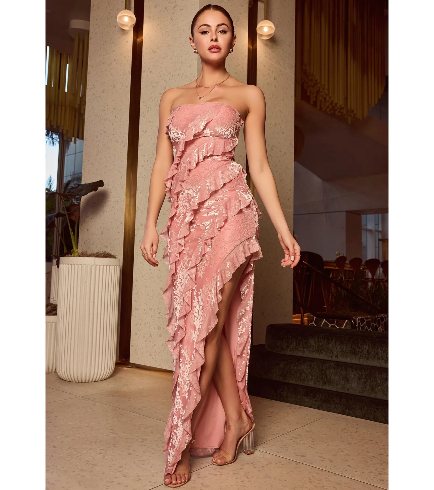 Brie Strapless Ruffled Slit Column Dress