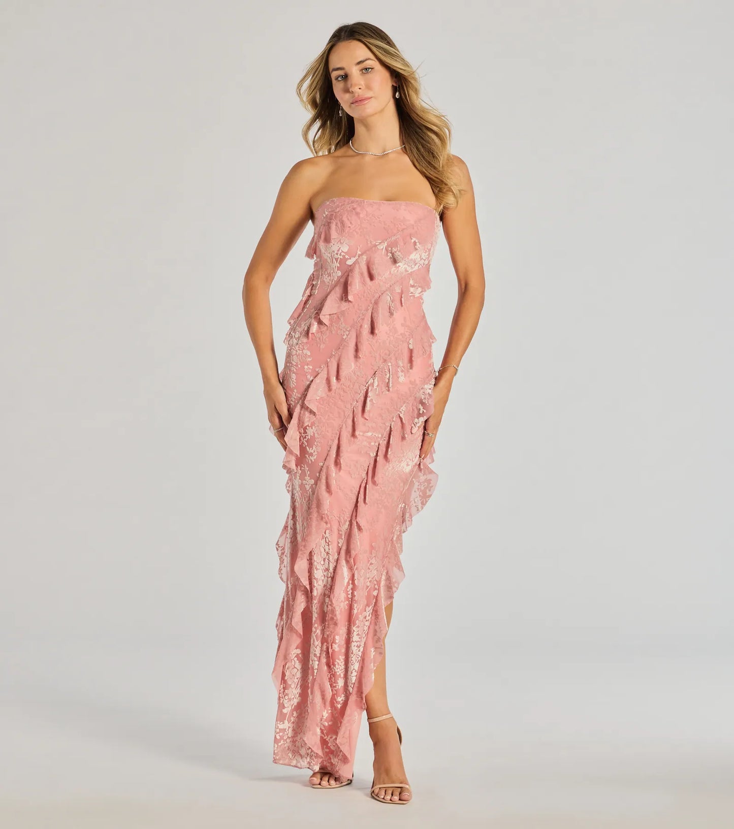 Brie Strapless Ruffled Slit Column Dress