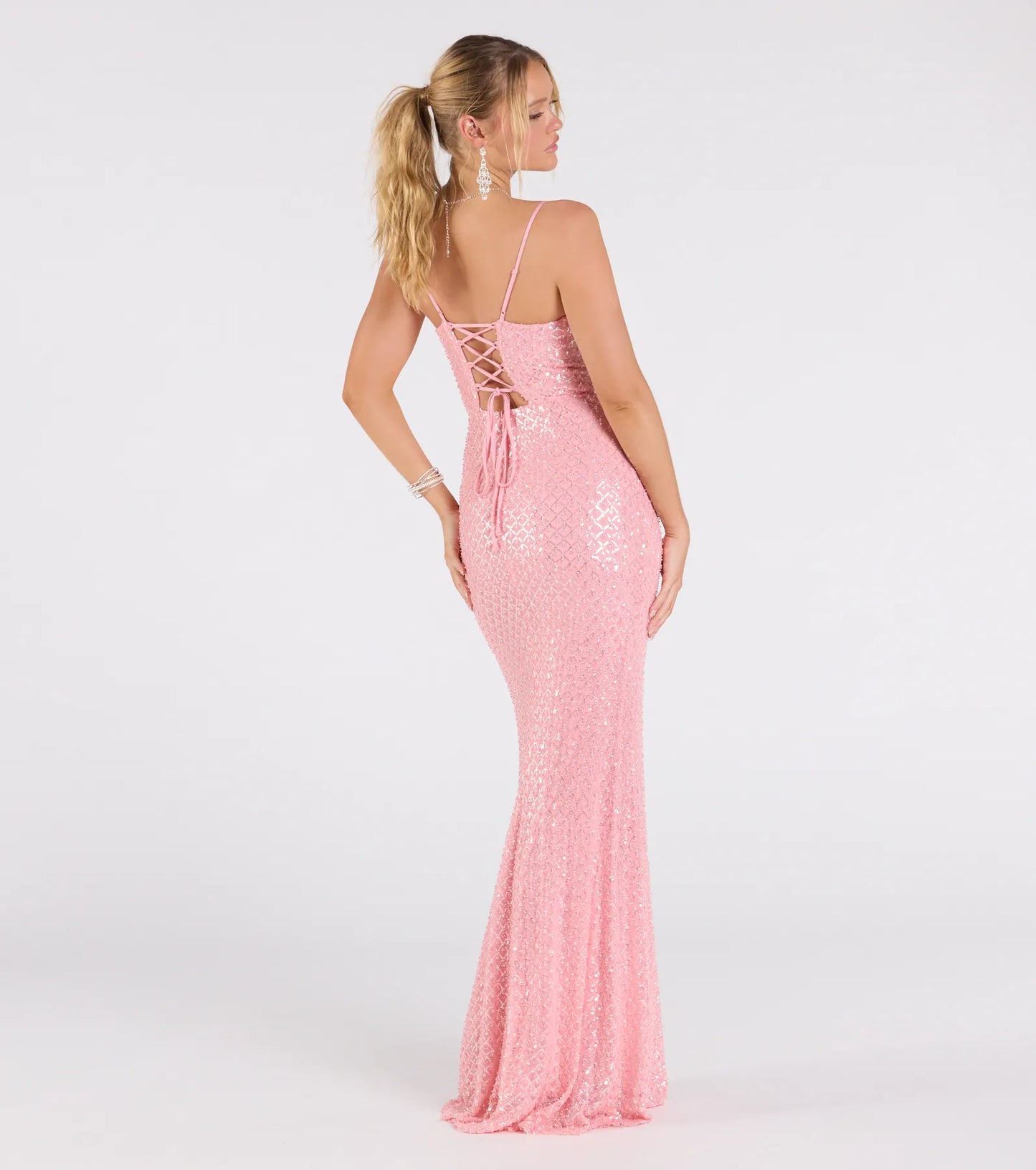 Hollie Lace-Up Mermaid Sequin Beaded Formal Dress