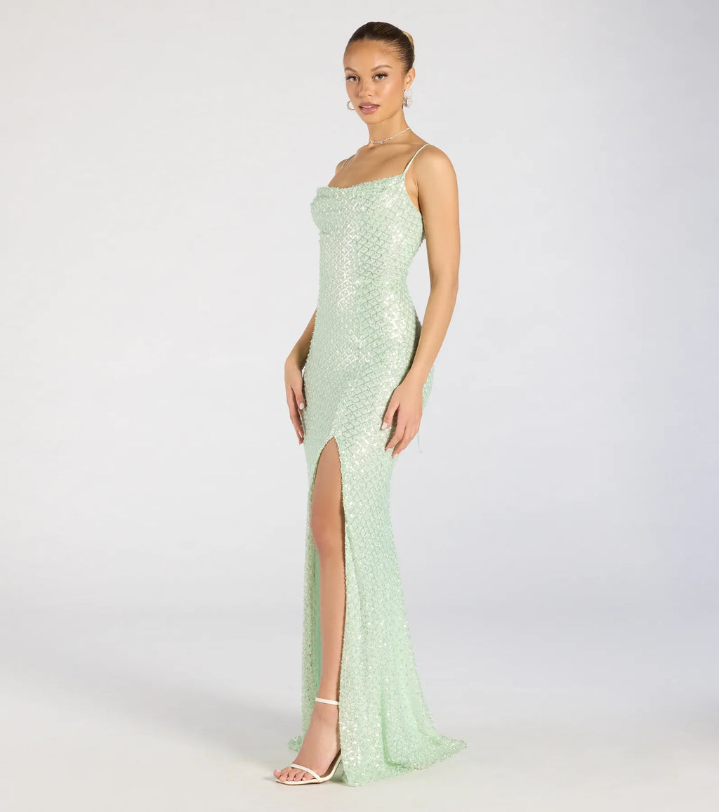 Hollie Lace-Up Mermaid Sequin Beaded Formal Dress