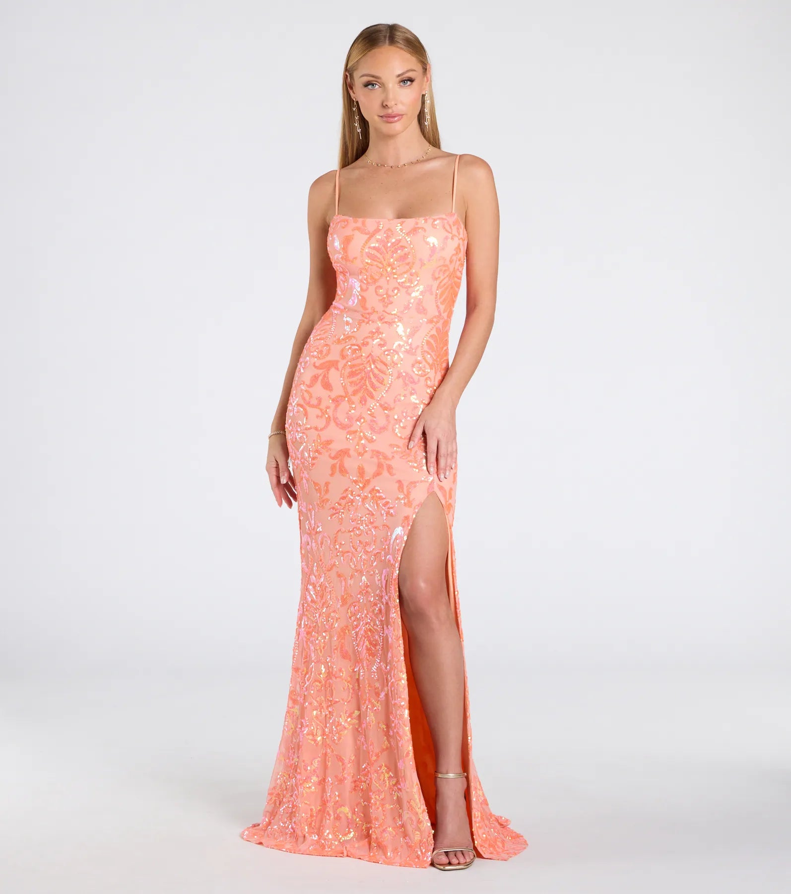 Celina Sequin Lace-Up High Slit Mermaid Dress