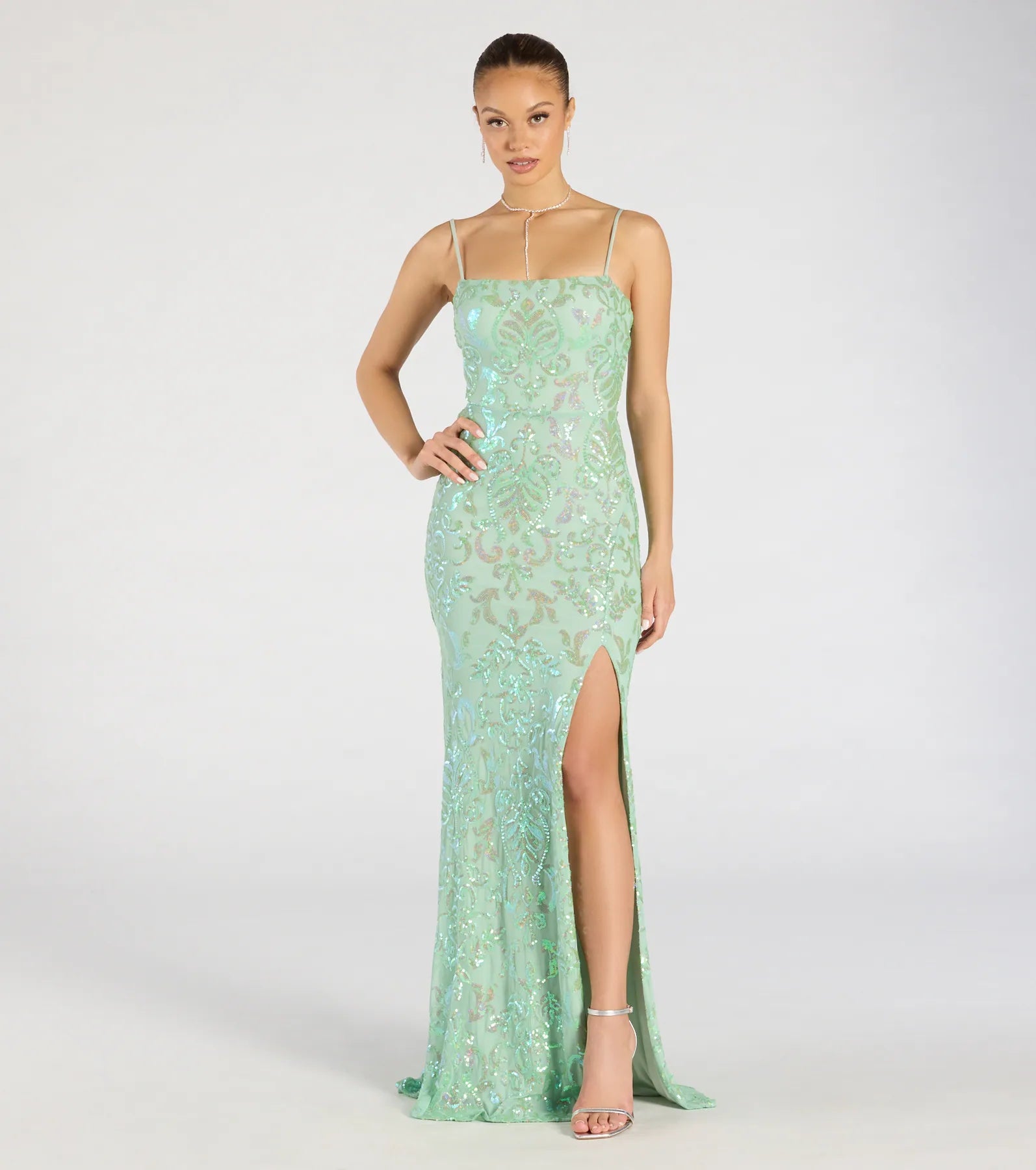 Celina Sequin Lace-Up High Slit Mermaid Dress