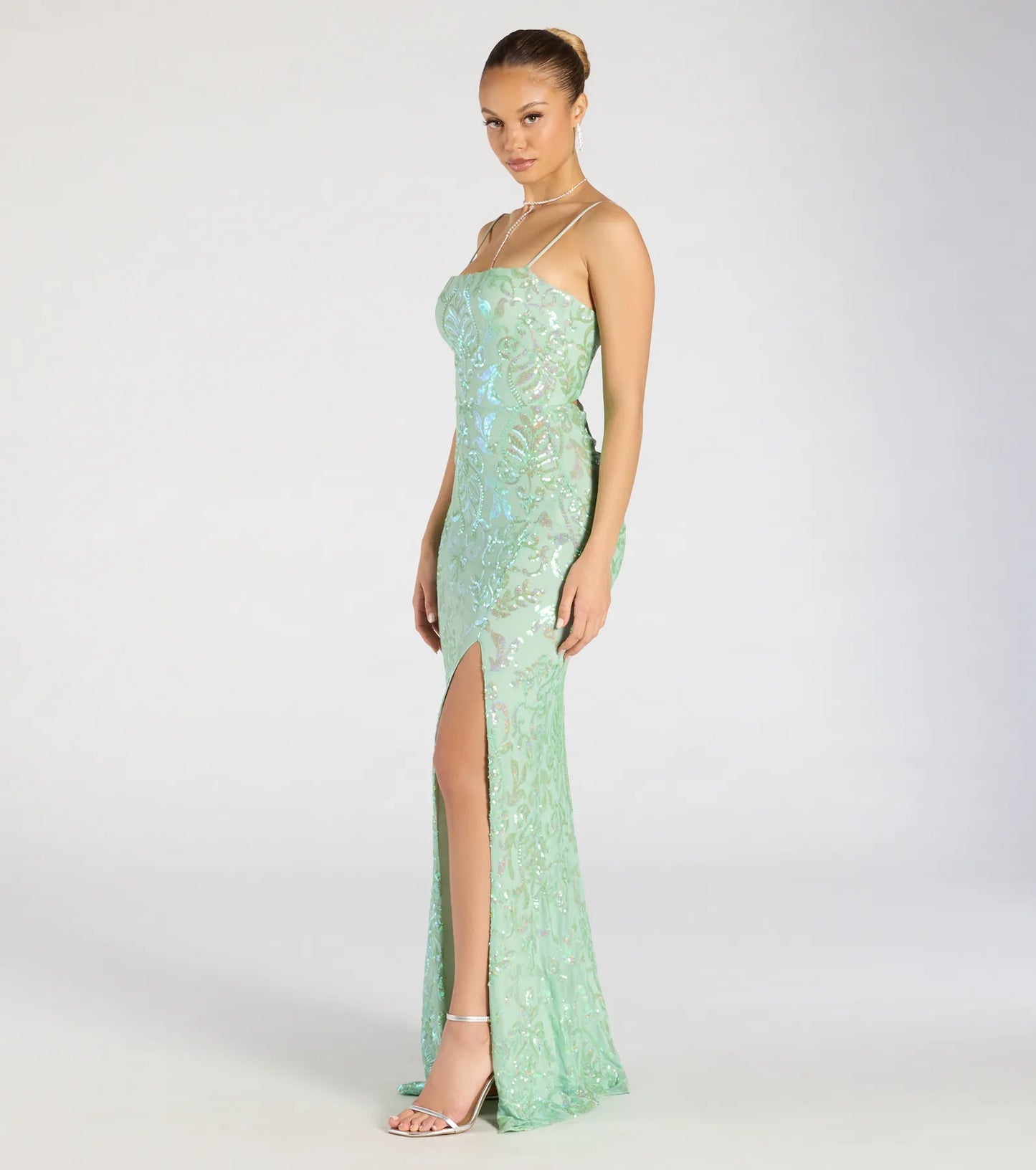 Celina Sequin Lace-Up High Slit Mermaid Dress
