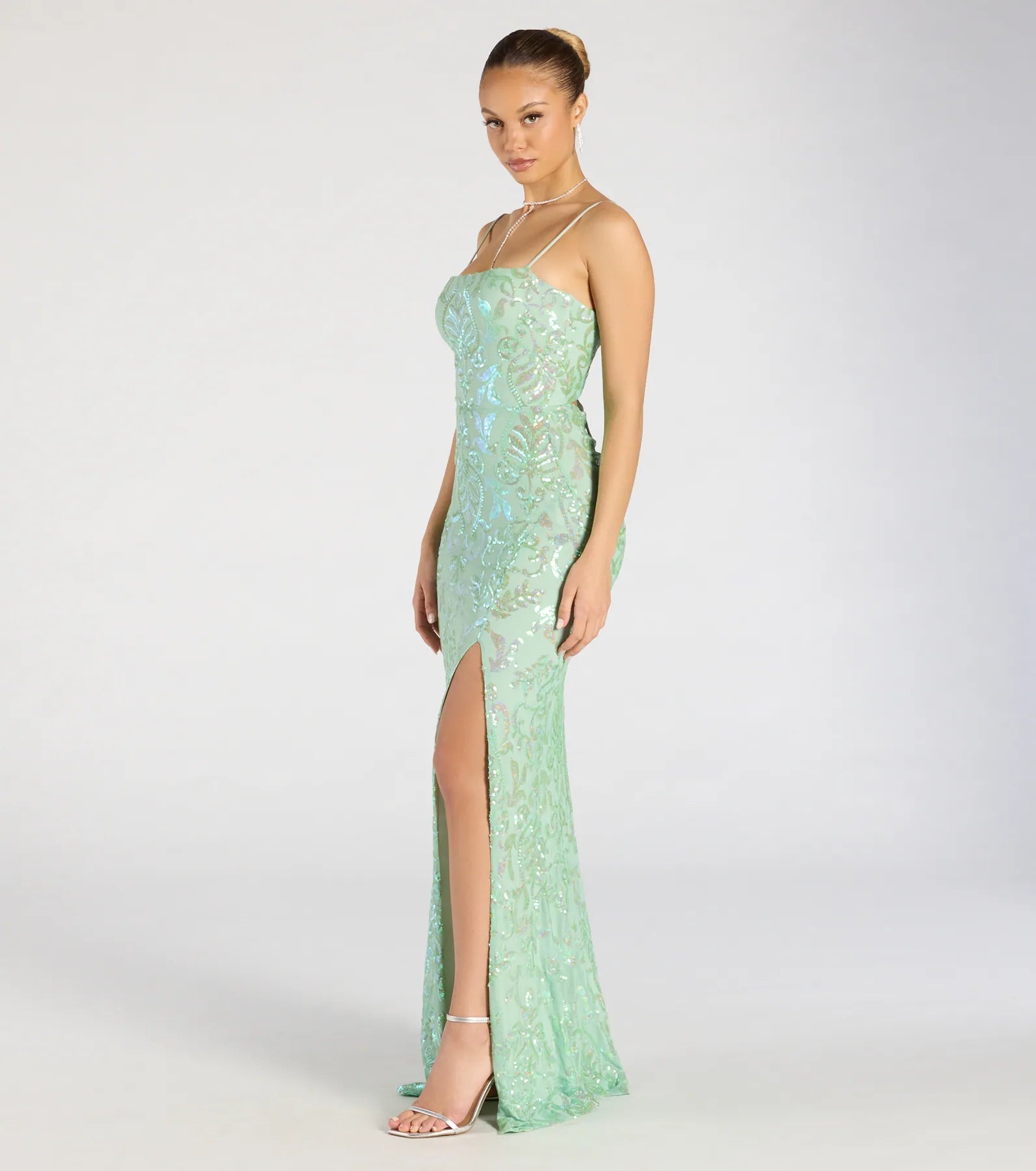 Celina Sequin Lace-Up High Slit Mermaid Dress