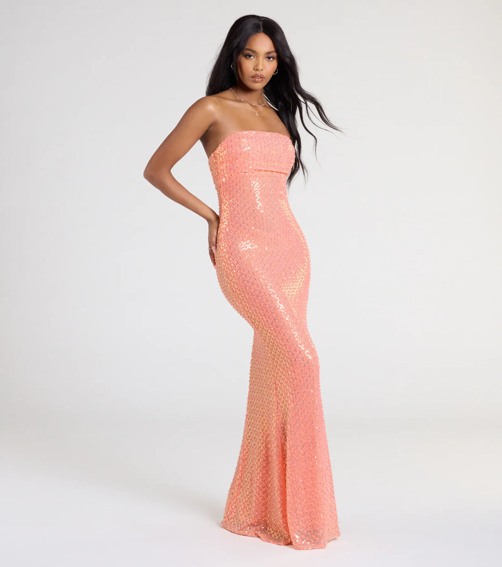Adrianna Strapless Mermaid Sequin Bead Formal Dress
