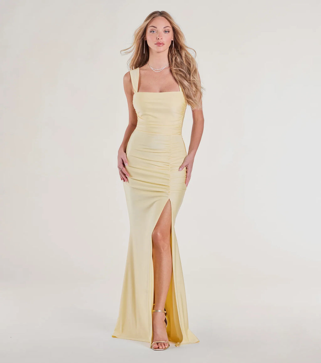 Irene Open Back Slit Column Formal Dress