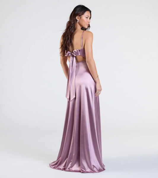 Steffanie Tie Back Slit A-Line Satin Formal Dress