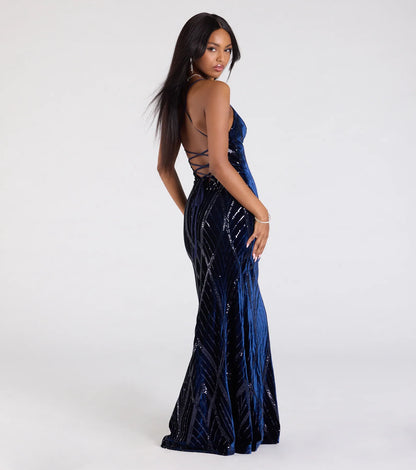 Gisele Sequin Velvet Lace-Up Mermaid Dress