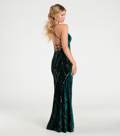 Gisele Sequin Velvet Lace-Up Mermaid Dress