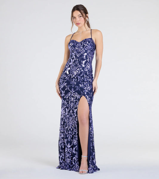 Shelby Lace-Up Slit Sequin Formal Dress