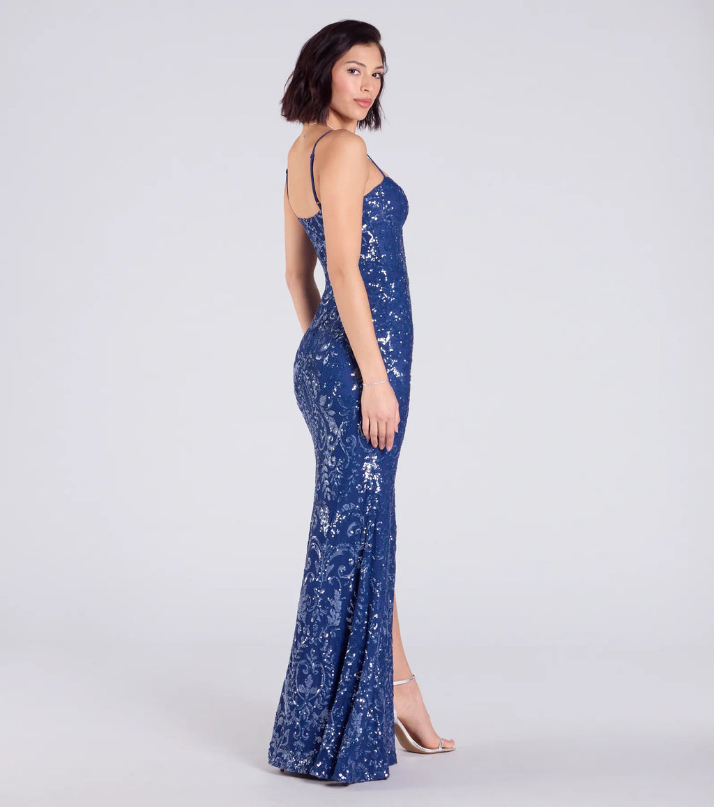 Ebony Sequin Corset Slit Mermaid Dress