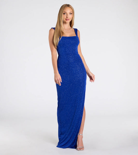 Brittney Lace-Up Slit Bodycon Glitter Formal Dress