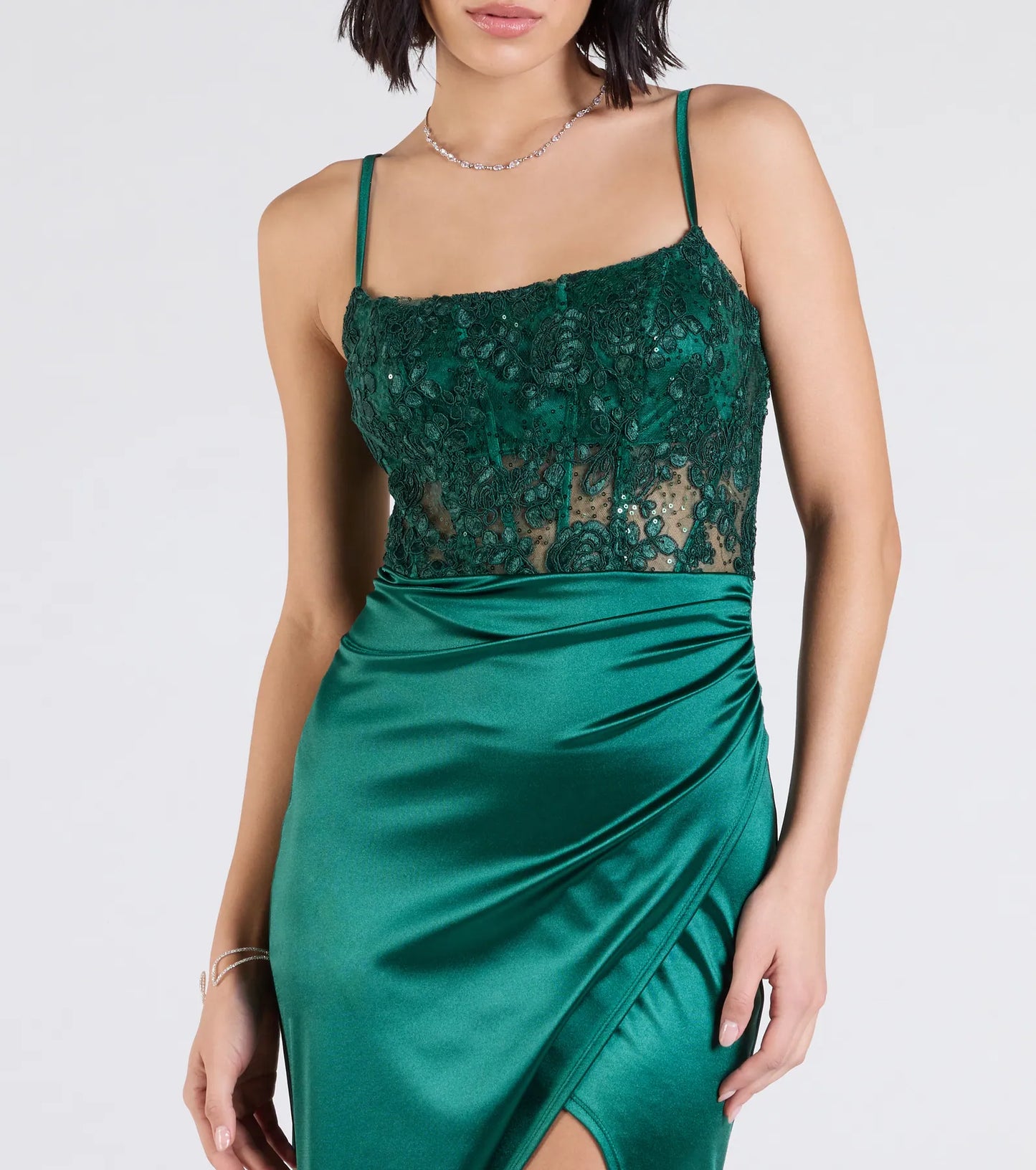 Lucia Lace Corset Slit Satin Formal Dress