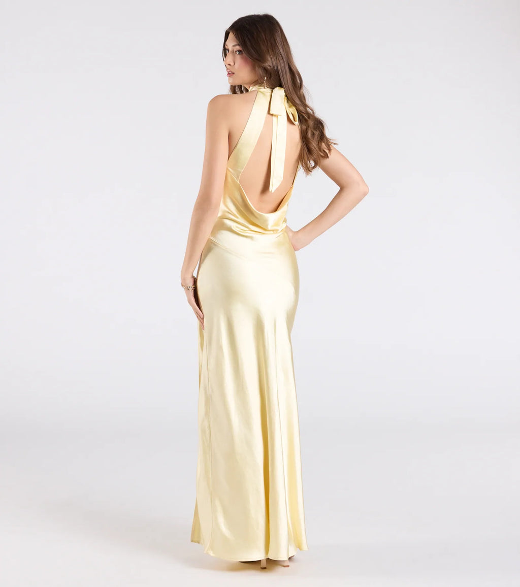 Andie Halter Open Back Slit Satin Formal Dress