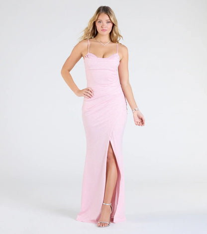 Johanna Cowl Neck Slit Glitter Formal Dress