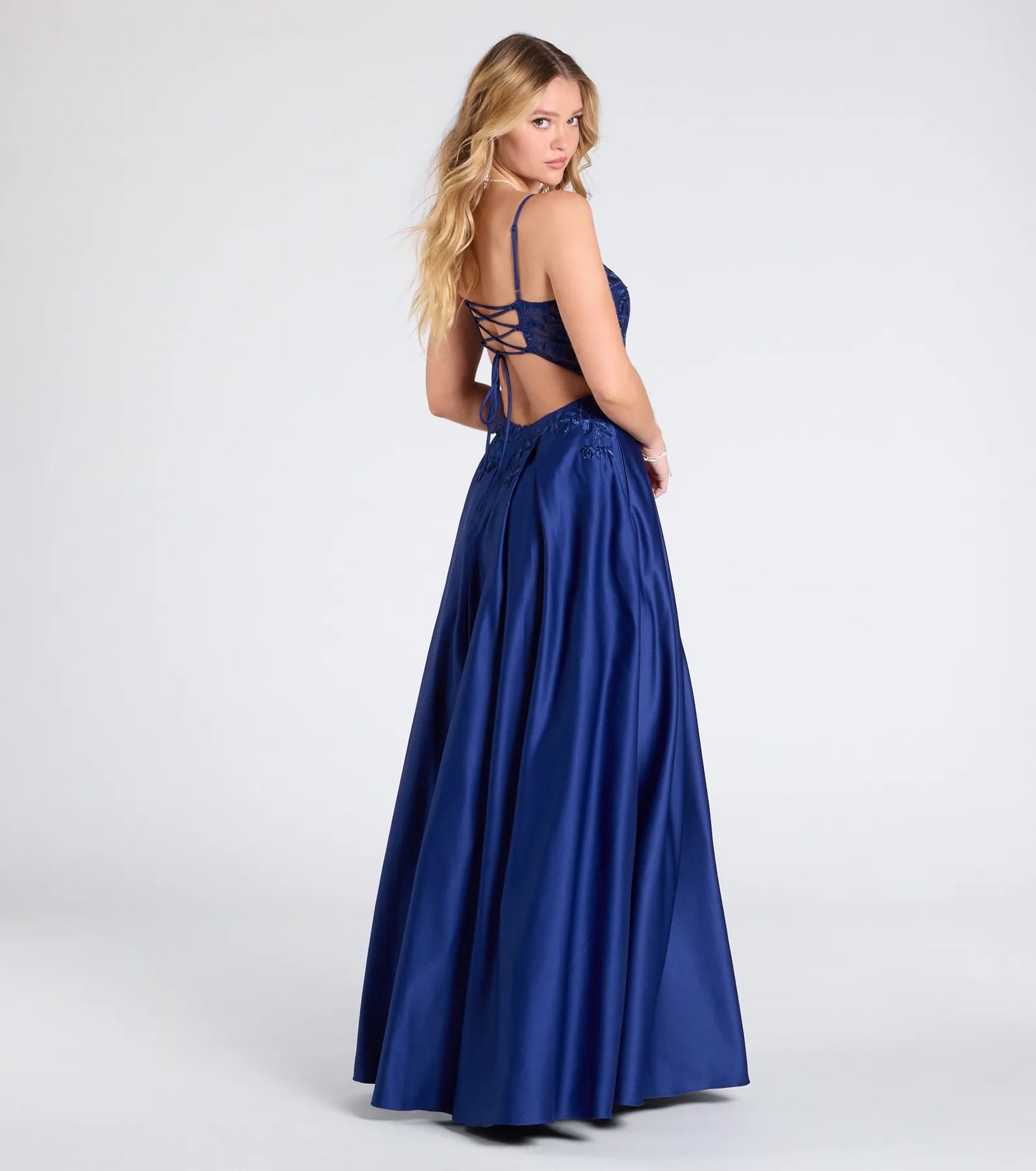 Myra Lace-Up Floral Embroidered A-Line Ball Gown