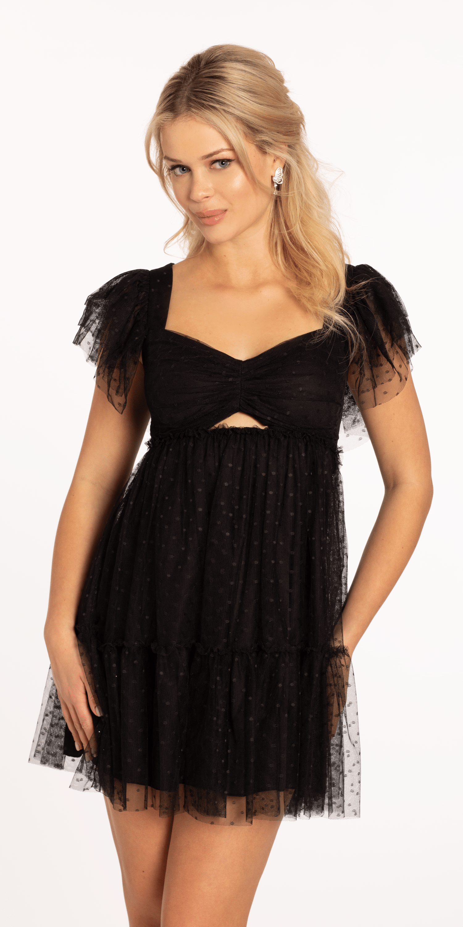 Peek a Boo Mesh Empire Tiered Shoulder Dress with Tie Back