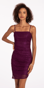 Pleated Glitter Knit Bodycon Dress with Pearl Accents