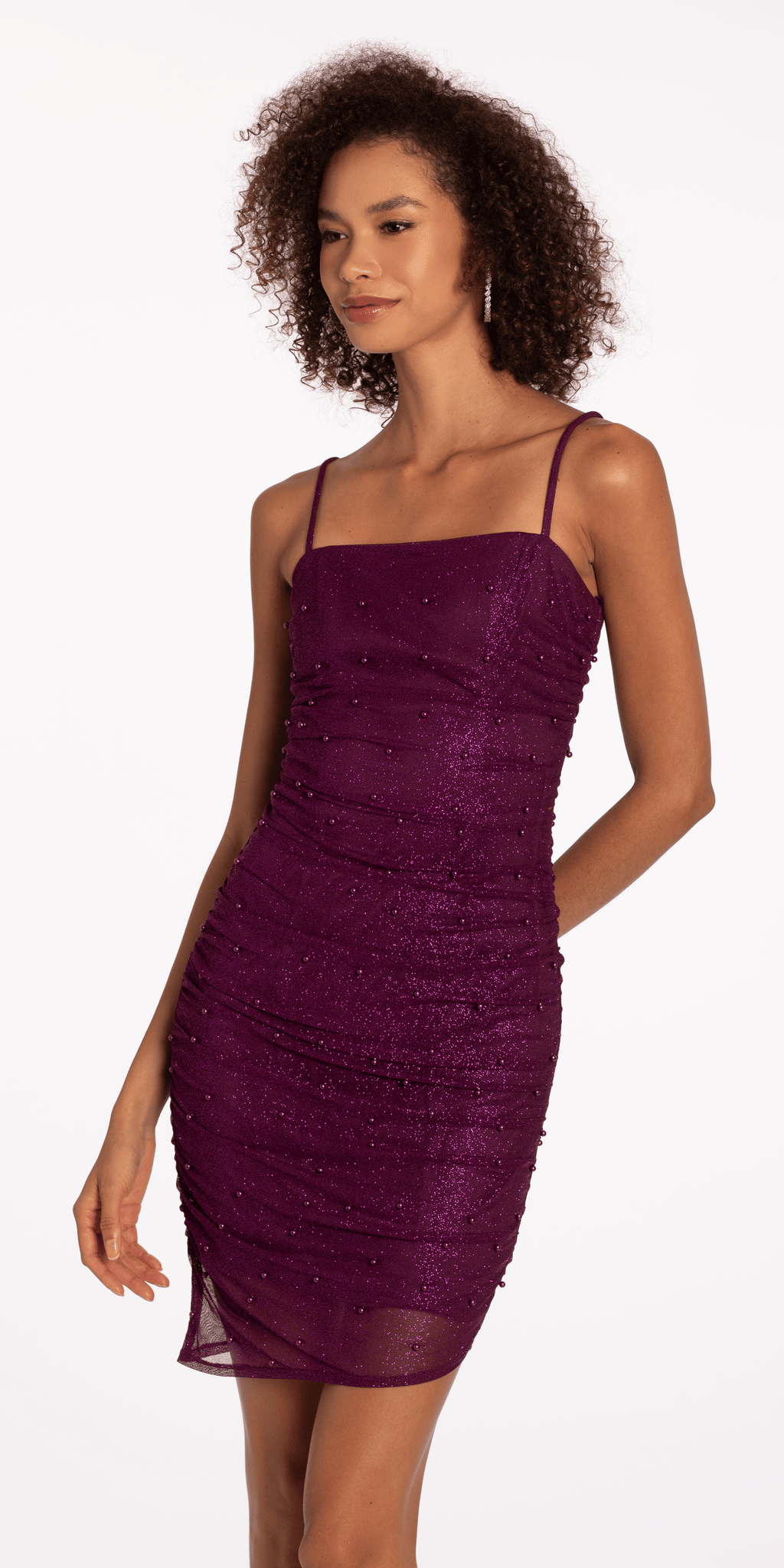 Pleated Glitter Knit Bodycon Dress with Pearl Accents