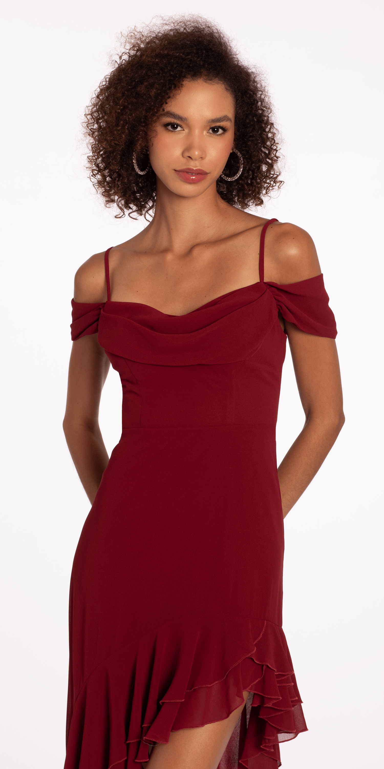 Chiffon Off the Shoulder Drape High Low Dress with Ruffle Hem