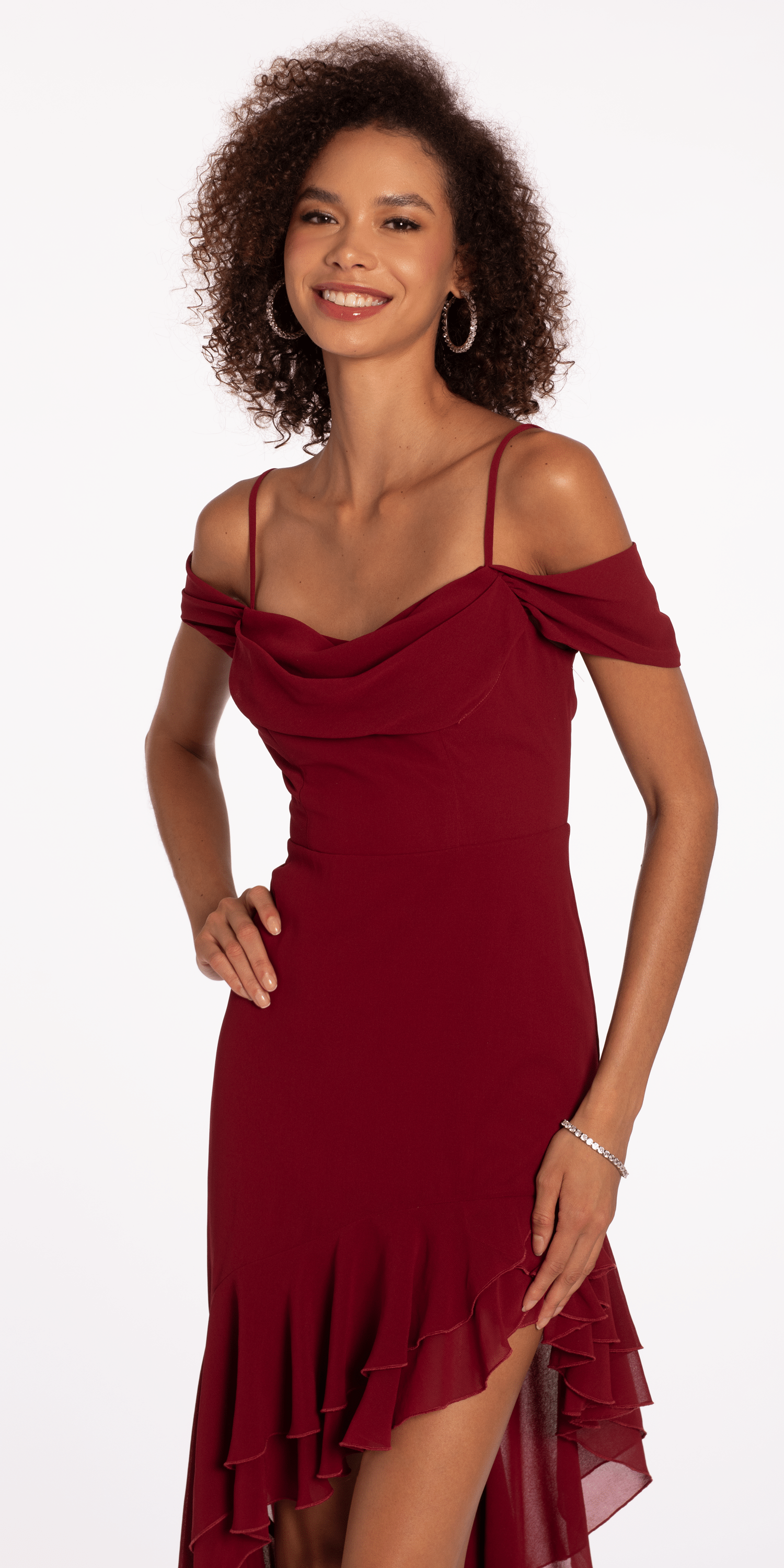 Chiffon Off the Shoulder Drape High Low Dress with Ruffle Hem