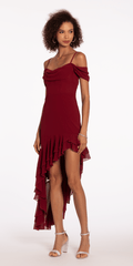 Chiffon Off the Shoulder Drape High Low Dress with Ruffle Hem