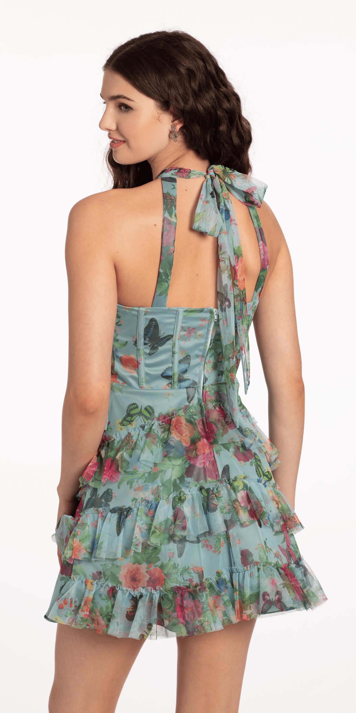 Print Mesh Halter Dress