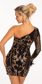 Sequin One Shoulder Long Sleeve Bodycon Dress with Feather Cuff