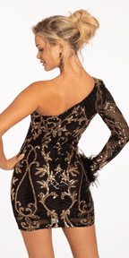 Sequin One Shoulder Long Sleeve Bodycon Dress with Feather Cuff
