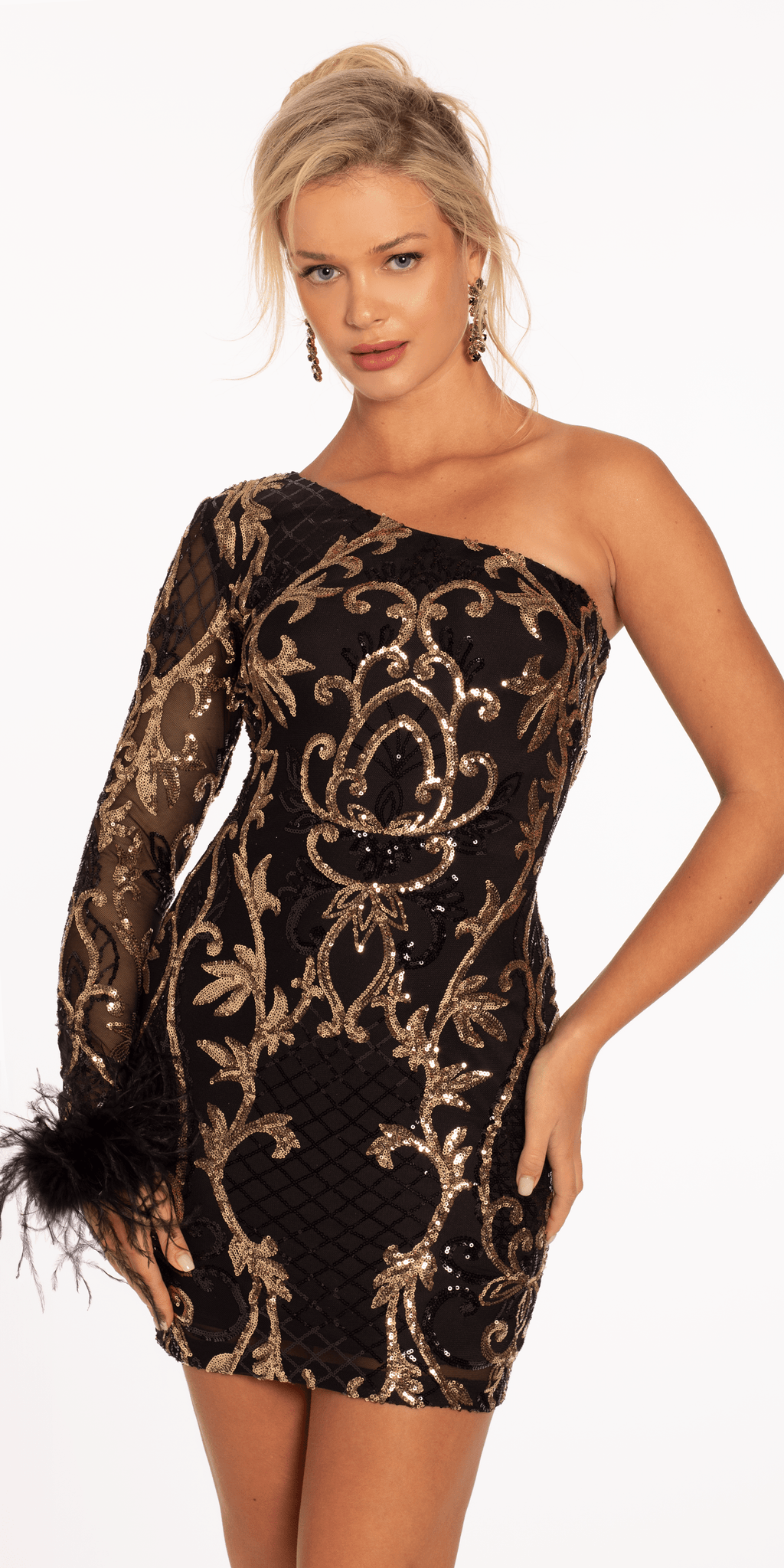 Sequin One Shoulder Long Sleeve Bodycon Dress with Feather Cuff
