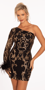 Sequin One Shoulder Long Sleeve Bodycon Dress with Feather Cuff