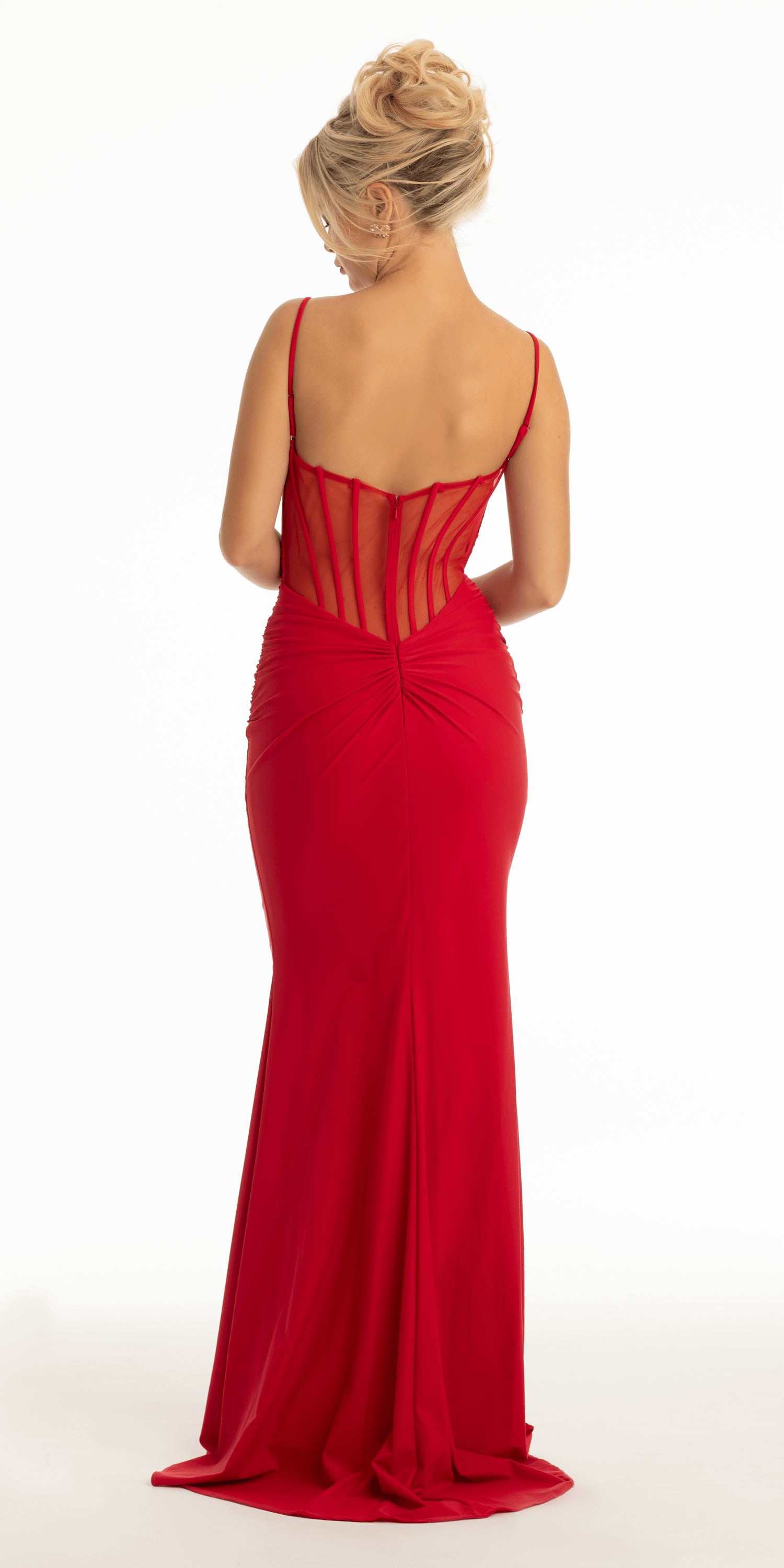 Jersey Ruched Plunging Corset Back Trumpet Dress