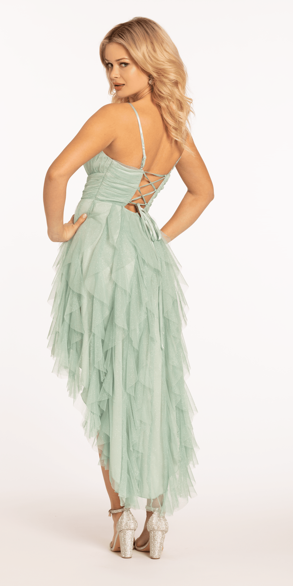 Scoop Neck Glitter Mesh Lace Up Back High-Low Dress