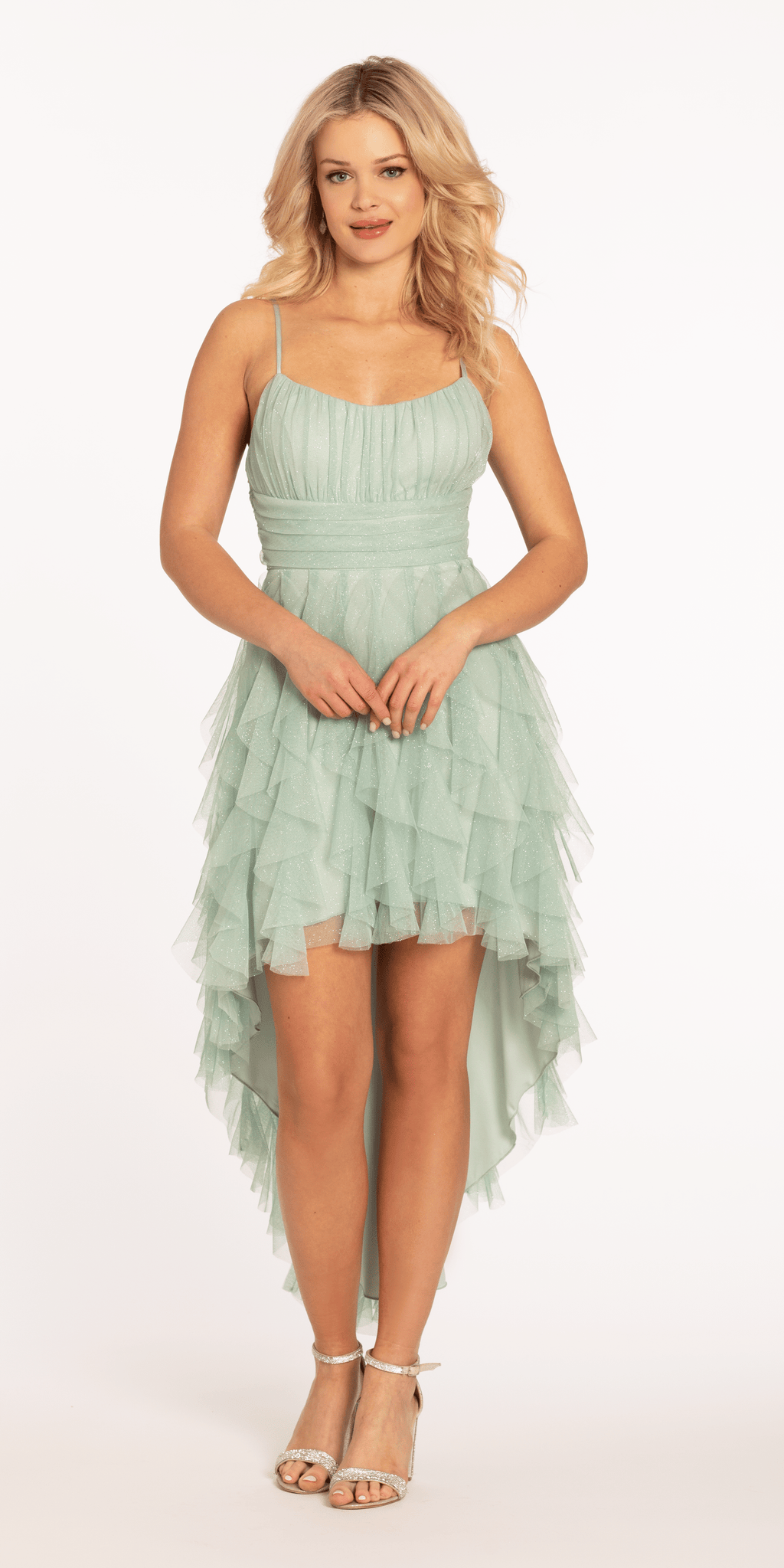 Scoop Neck Glitter Mesh Lace Up Back High-Low Dress