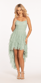 Scoop Neck Glitter Mesh Lace Up Back High-Low Dress