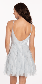 Plunging Glitter Cascade Fit and Flare Dress with Lace Bodice
