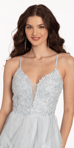 Plunging Glitter Cascade Fit and Flare Dress with Lace Bodice