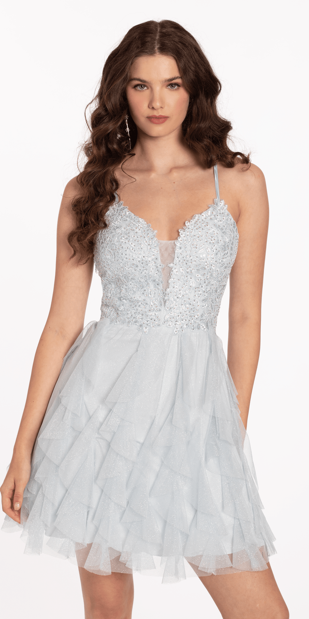 Plunging Glitter Cascade Fit and Flare Dress with Lace Bodice