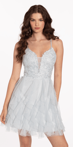 Plunging Glitter Cascade Fit and Flare Dress with Lace Bodice