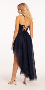 Strapless Ruching Glitter Dress with Asymmetrical Hem