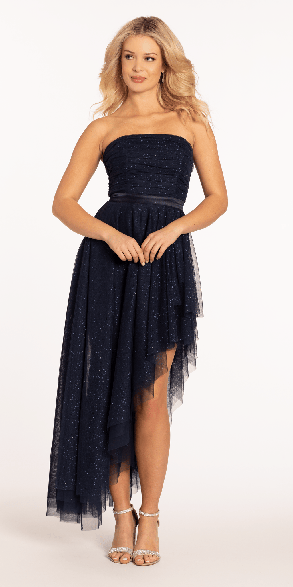 Strapless Ruching Glitter Dress with Asymmetrical Hem