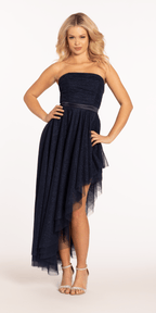 Strapless Ruching Glitter Dress with Asymmetrical Hem