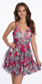 Plunging Floral Tiered Fit and Flare Dress with Satin Tie