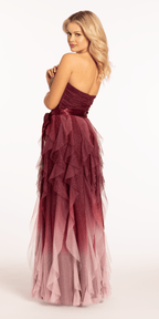 Strapless Glitter Mesh Ombre Tendril Dress with Satin Tie