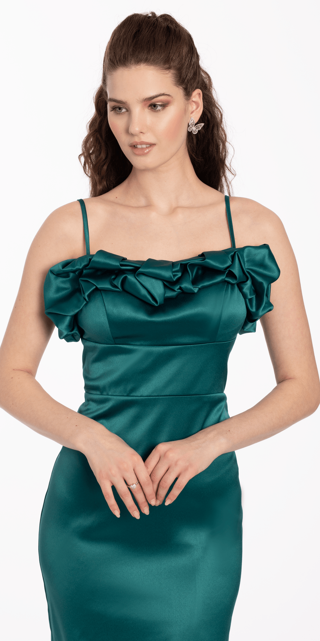 Satin Ruffle Asymmetrical Hem Dress