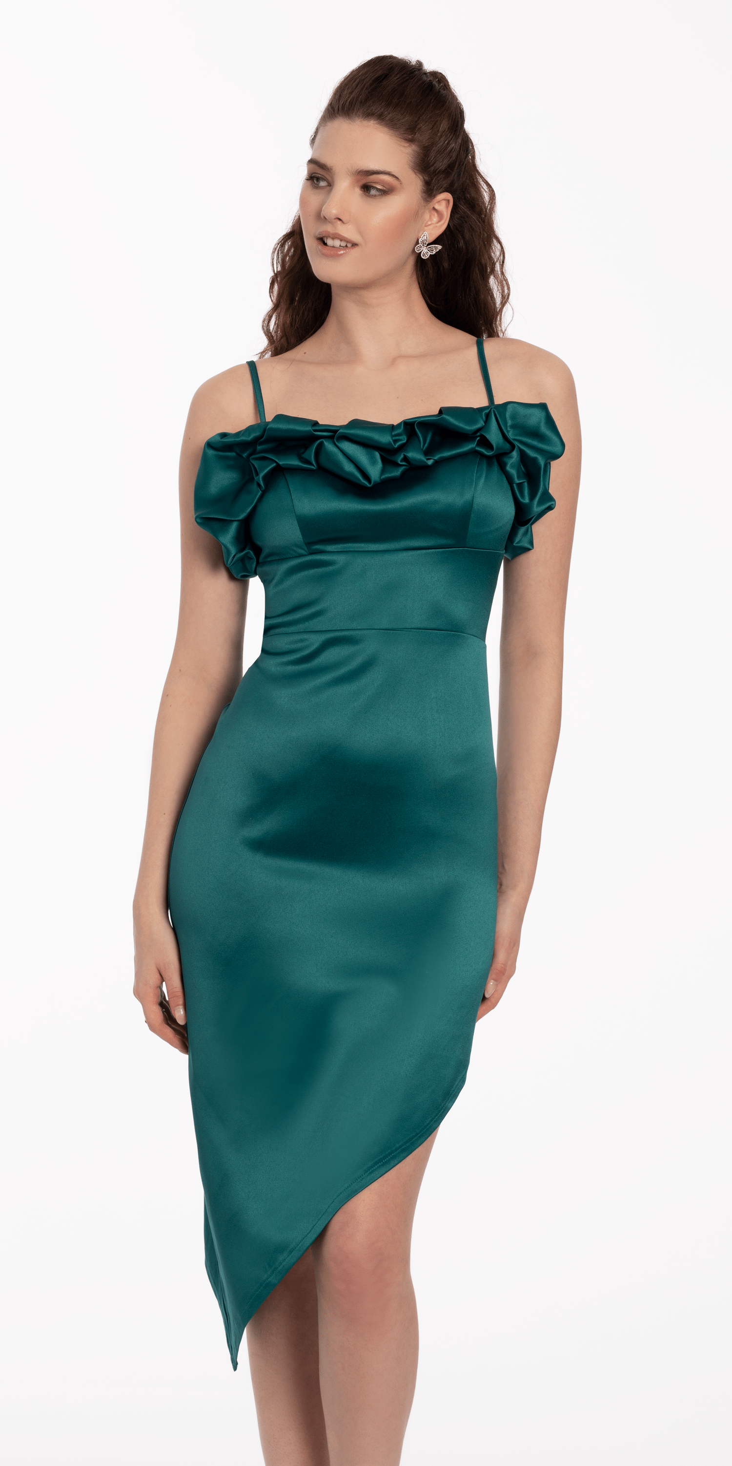 Satin Ruffle Asymmetrical Hem Dress